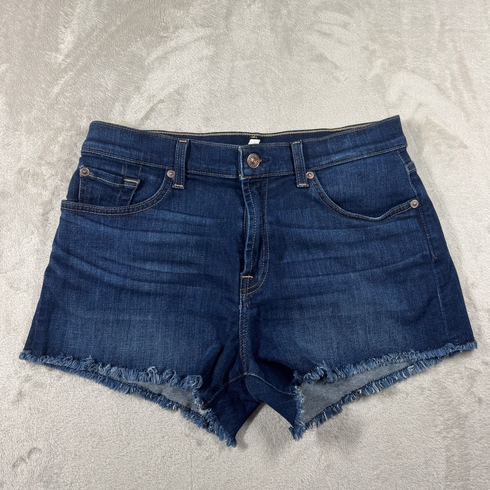 7 for All Mankind Dark Blue Wash Raw Hem Zipper Fly Shorts Size 29